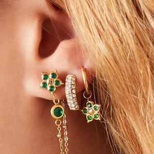 EMERALD GREEN CRYSTAL FLOWER JEWELLED CHAIN CONNECTOR EARRINGS