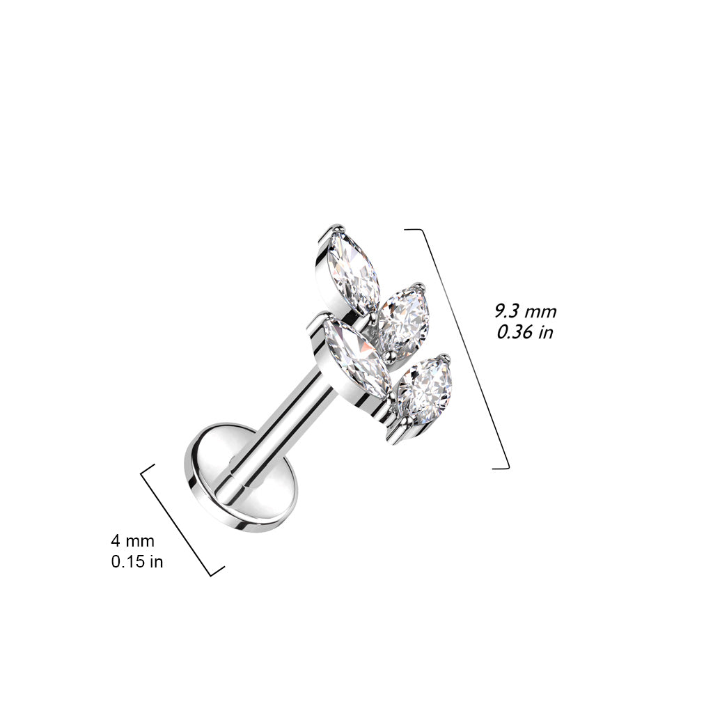 TITANIUM CRYSTAL VINE LEAF FLAT BACK LABRET STUD - 16 GAUGE -8MM