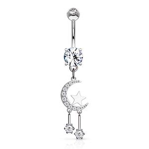 CRYSTAL MOON & STARS CHARM BELLY BAR - 10MM