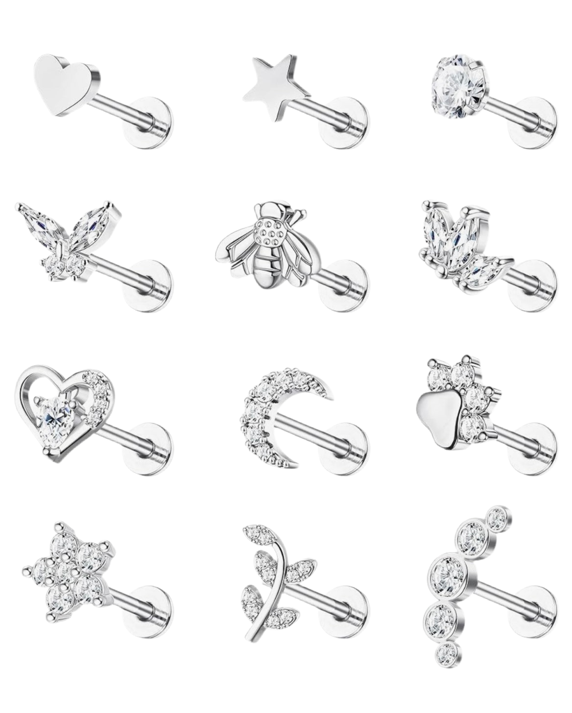 MULTI PACK OF 12 CRYSTAL FLAT BACK LABRET STUDS
