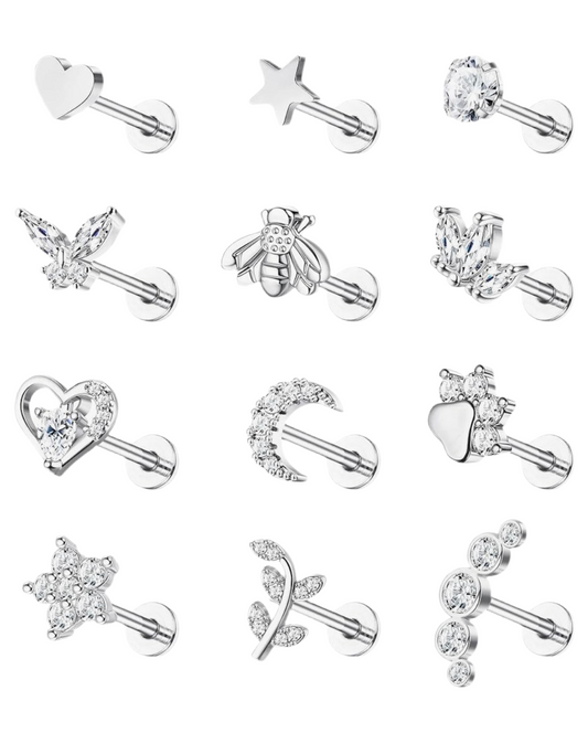MULTI PACK OF 12 CRYSTAL FLAT BACK LABRET STUDS