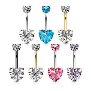 DOUBLE LOVE HEART CRYSTAL INTERNALLY THREADED BELLY BAR