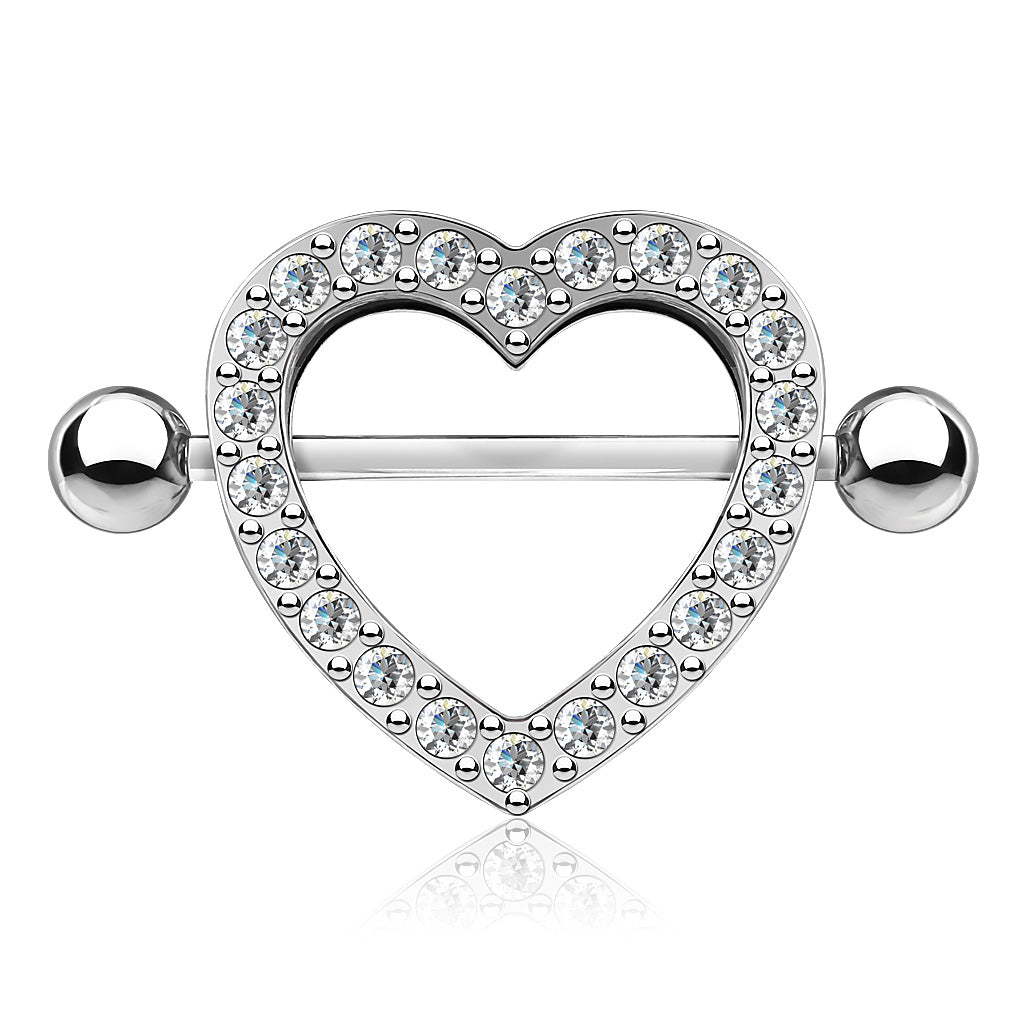 SILVER CRYSTAL HEART NIPPLE CHEST SHIELD BARBELL