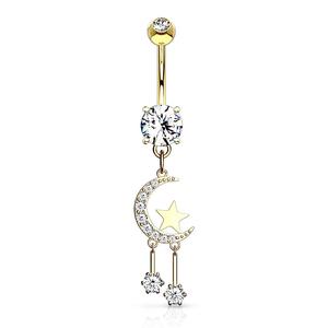 CRYSTAL MOON & STARS CHARM BELLY BAR - 10MM
