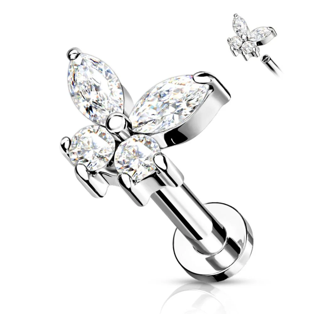 CRYSTAL BUTTERFLY FLAT BACK LABRET STUD