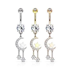 CRYSTAL MOON & STARS CHARM BELLY BAR - 10MM