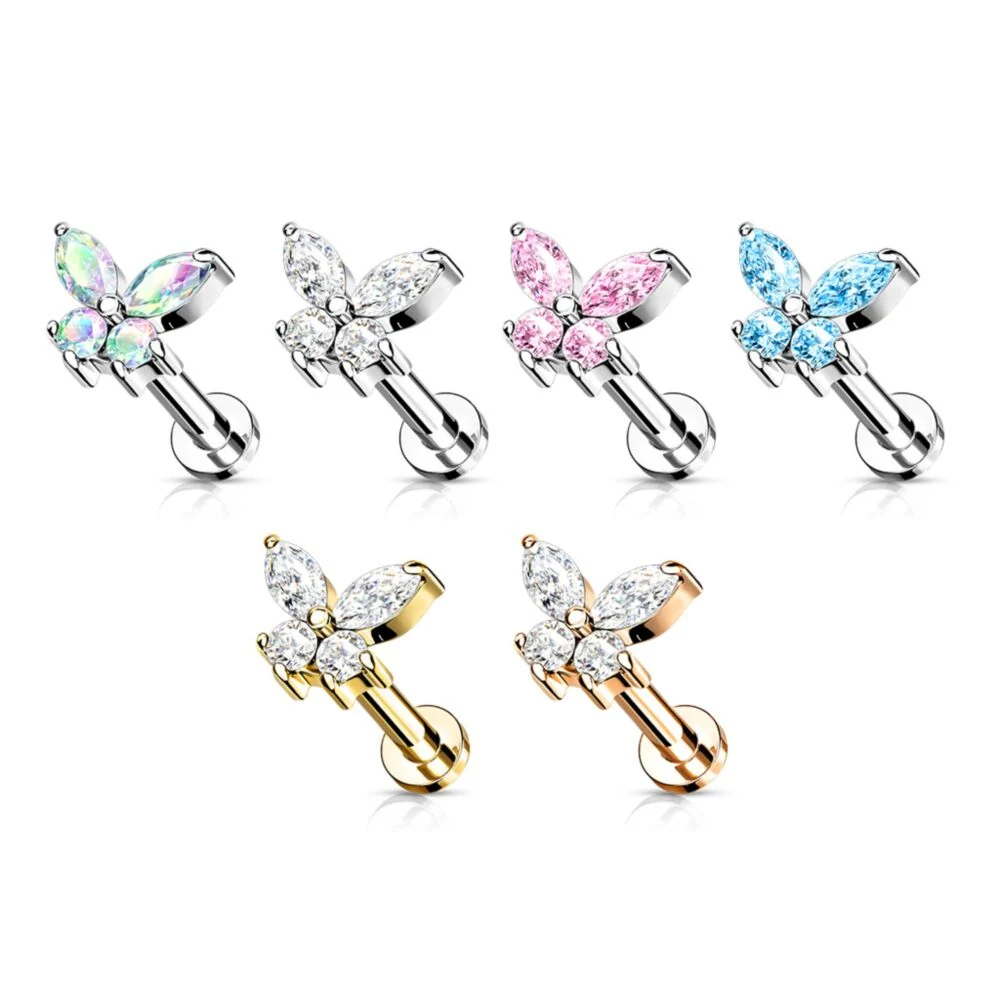 CRYSTAL BUTTERFLY FLAT BACK LABRET STUD