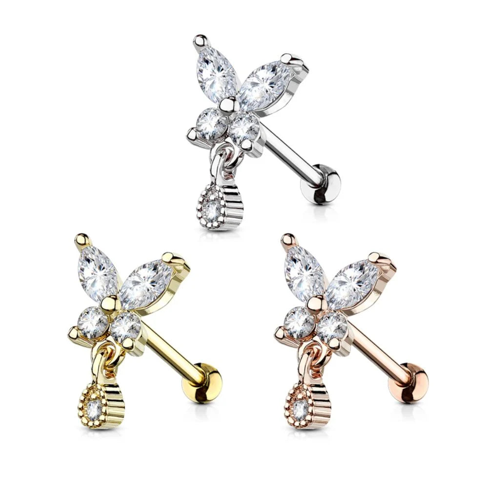 CRYSTAL BUTTERFLY & TEARDROP CHARM EAR BARBELL - 6MM