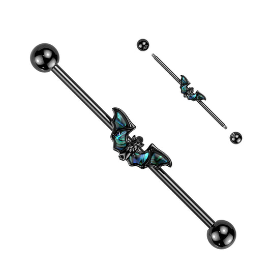 BLACK ABALONE SHELL BAT WING INDUSTRIAL BARBELL - 14 GAUGE - 38MM