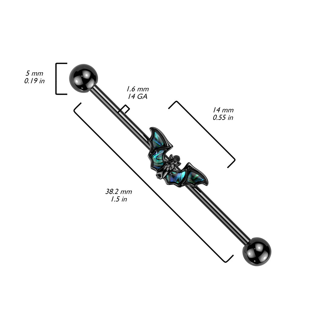 BLACK ABALONE SHELL BAT WING INDUSTRIAL BARBELL - 14 GAUGE - 38MM