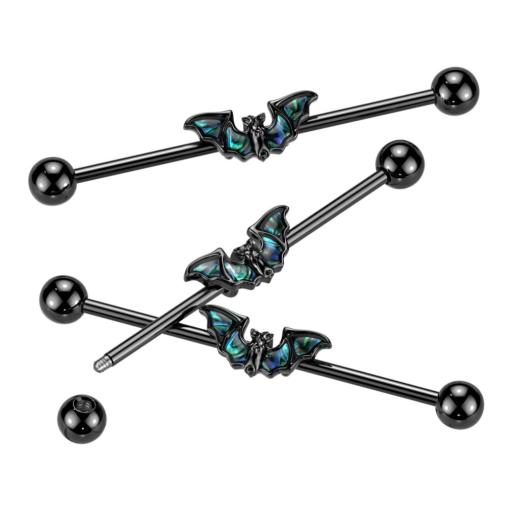 BLACK ABALONE SHELL BAT WING INDUSTRIAL BARBELL - 14 GAUGE - 38MM