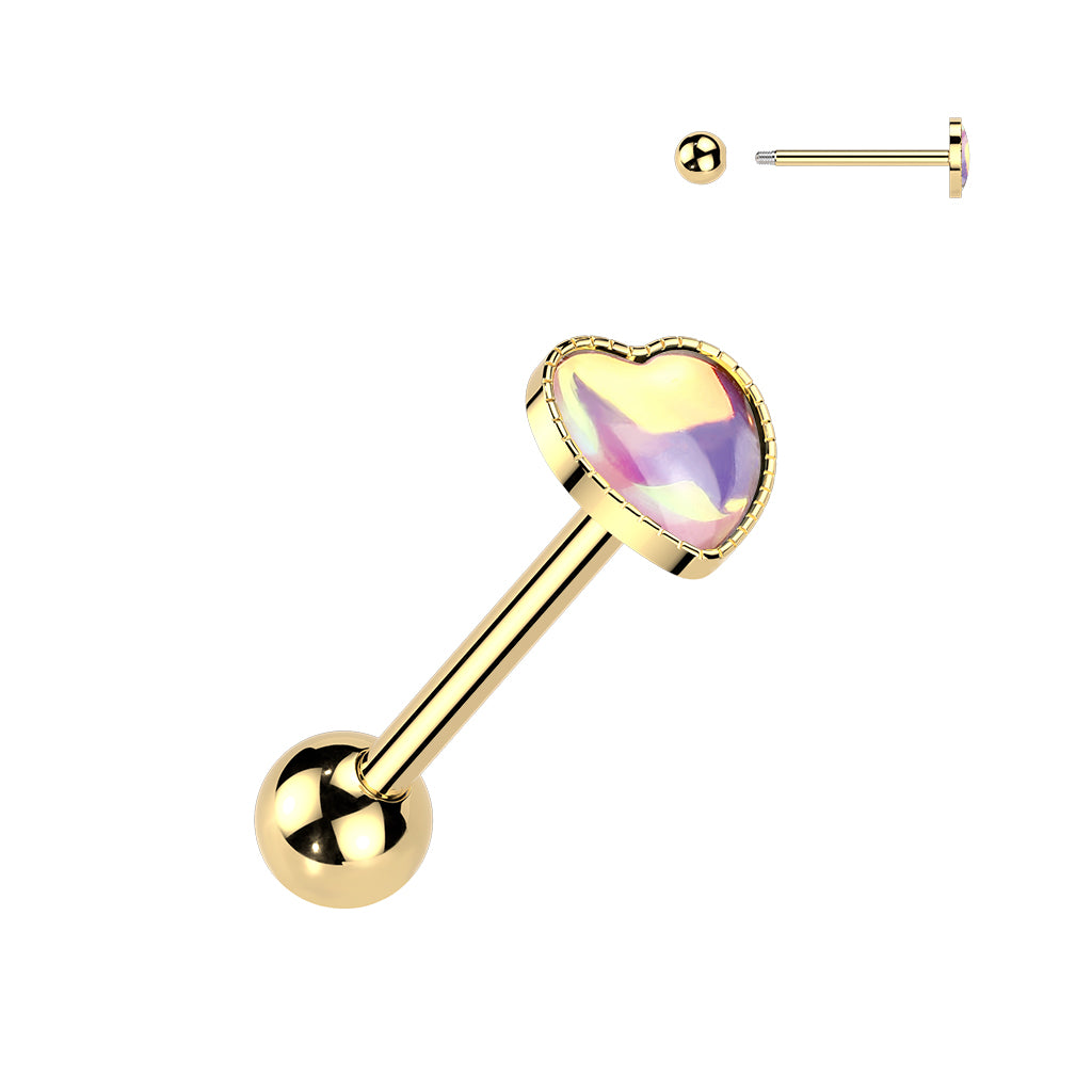 GOLD IRIDESCENT LOVE HEART TONGUE BARBELL - 14 GAUGE - 16MM