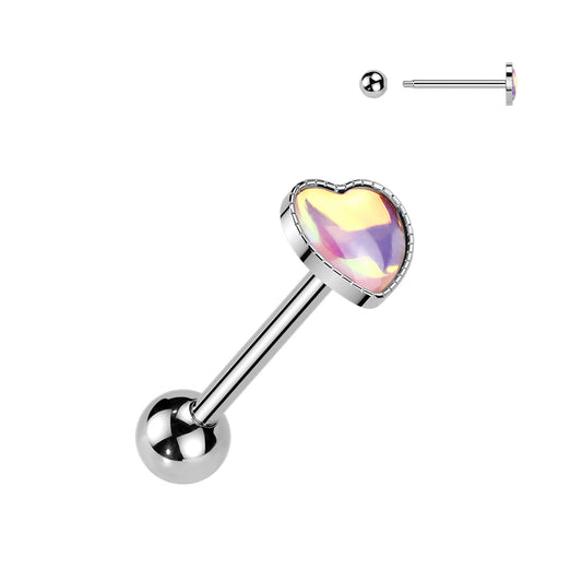 SILVER IRIDESCENT LOVE HEART TONGUE BARBELL - 14 GAUGE - 16MM