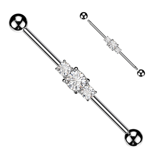 SILVER TRIPLE CRYSTAL INDUSTRIAL BARBELL - 38MM - 14 GAUGE