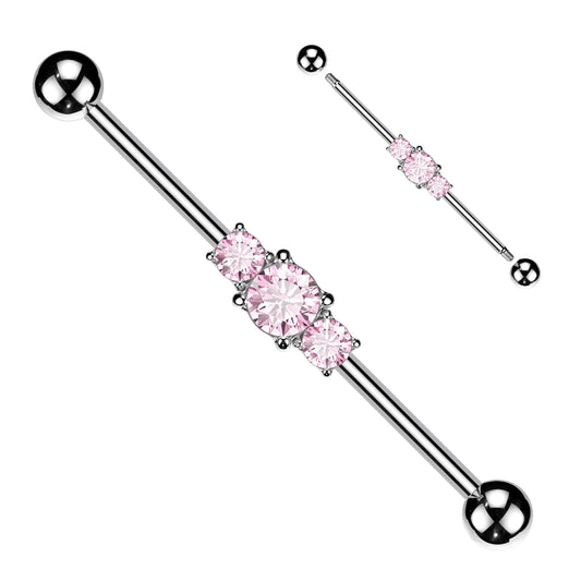 SILVER TRIPLE PINK CRYSTAL INDUSTRIAL BARBELL - 38MM - 14 GAUGE
