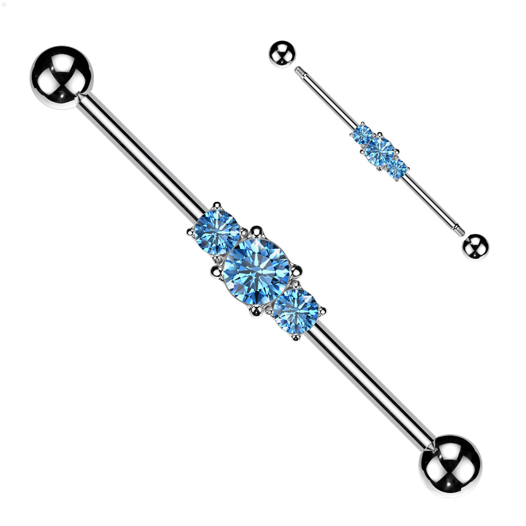 SILVER TRIPLE BLUE CRYSTAL INDUSTRIAL BARBELL - 38MM - 14 GAUGE
