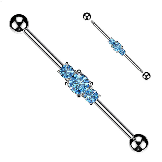 SILVER TRIPLE BLUE CRYSTAL INDUSTRIAL BARBELL - 38MM - 14 GAUGE
