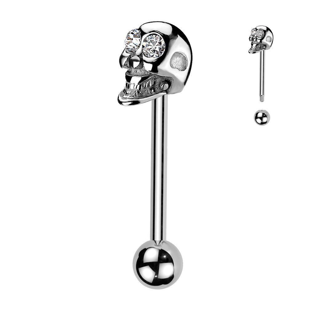CRYSTAL SKULL GEMMED EYES TONGUE BARBELL - 16MM