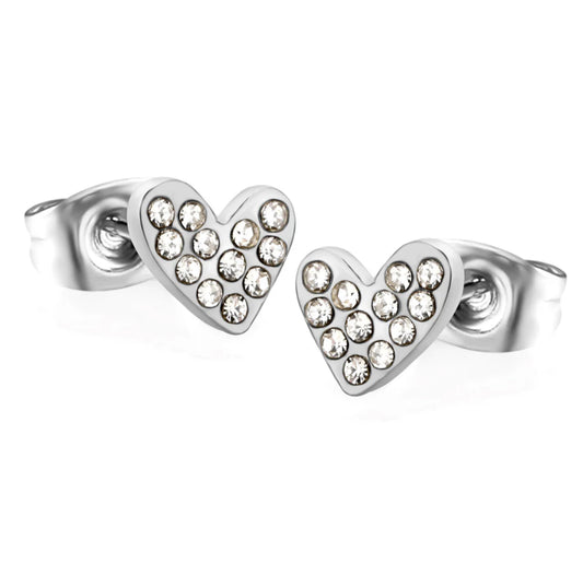 SILVER DAINTY CRYSTAL FILLED LOVE HEART STUDS - WATERPROOF