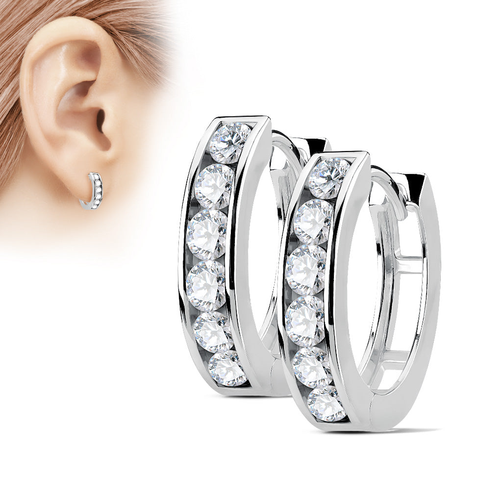 CHUNKY SILVER CRYSTAL LINED 12MM HOOP EARRINGS - CUBIC ZIRCONIA