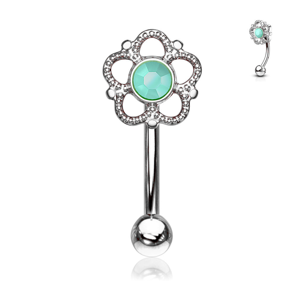 PRETTY FLOWER CURVED BARBELL WITH TURQUOISE STONE CENTRE - 8MM - 16 GAUGE