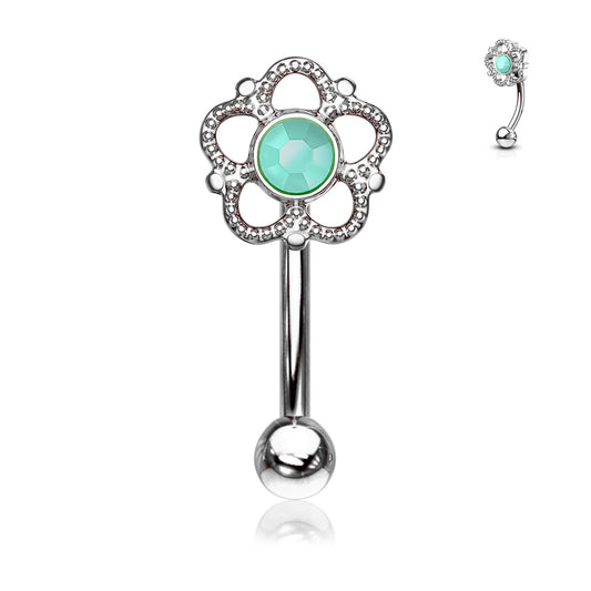 PRETTY FLOWER CURVED BARBELL WITH TURQUOISE STONE CENTRE - 8MM - 16 GAUGE