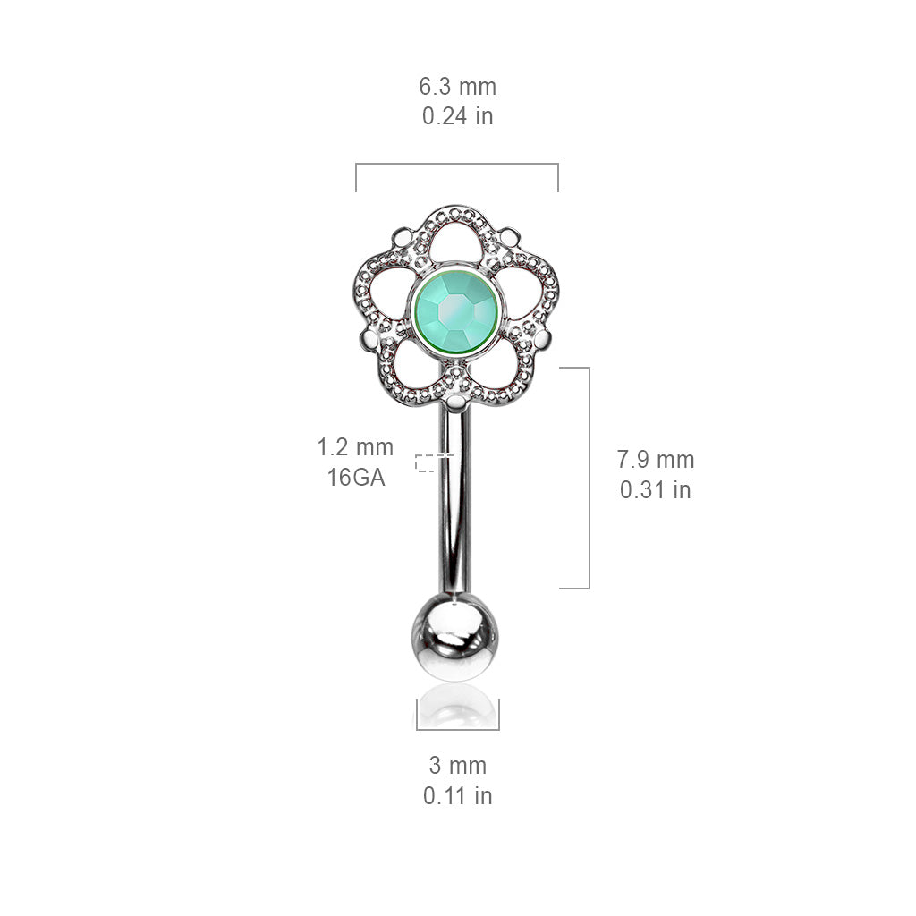 PRETTY FLOWER CURVED BARBELL WITH TURQUOISE STONE CENTRE - 8MM - 16 GAUGE