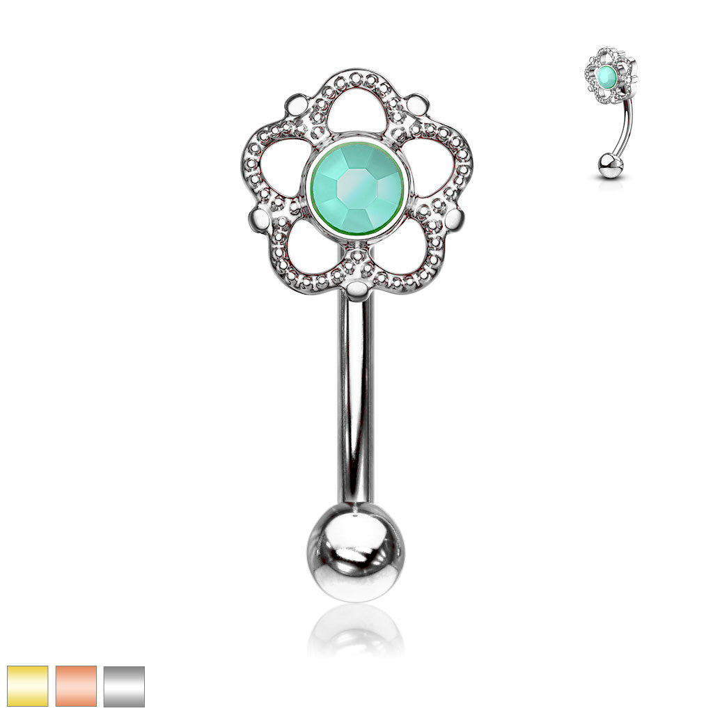 PRETTY FLOWER CURVED BARBELL WITH TURQUOISE STONE CENTRE - 8MM - 16 GAUGE