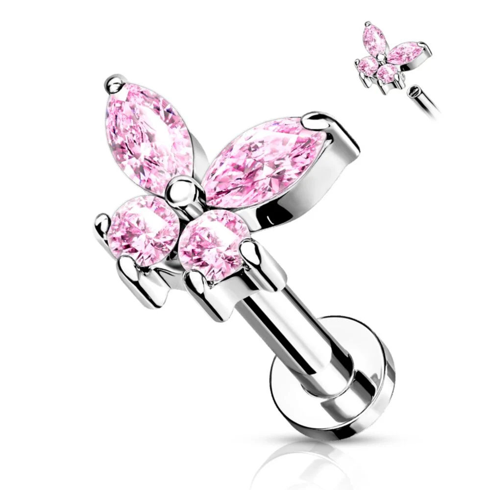 CRYSTAL BUTTERFLY FLAT BACK LABRET STUD