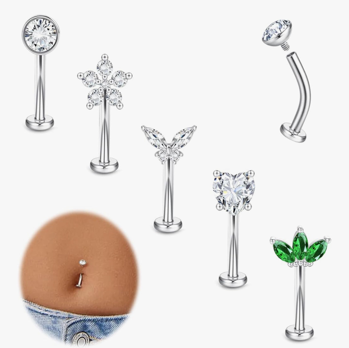 MULTI PACK OF 5 FLOATING CRYSTAL TOP BELLY BARS - 10MM