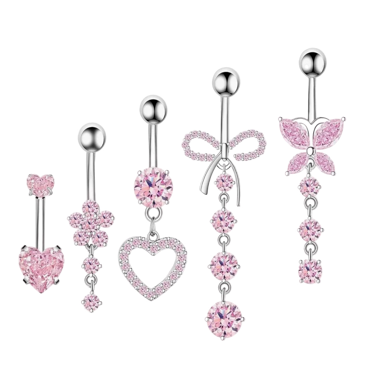 MULTI PACK OF 5 PINK CHARM CRYSTAL BELLY BARS - 14 GAUGE -10MM