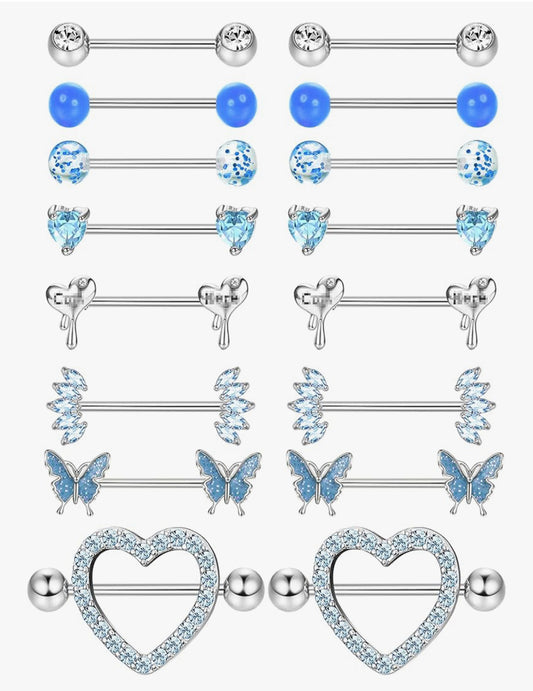 MULTIPACK 8 x PAIRS OF NIPPLE BARBELLS BLUE CRYSTALS