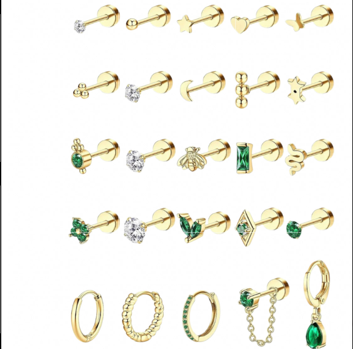 EMERALD GREEN & GOLD EARRING HOOPS & STUD MULTI PACK