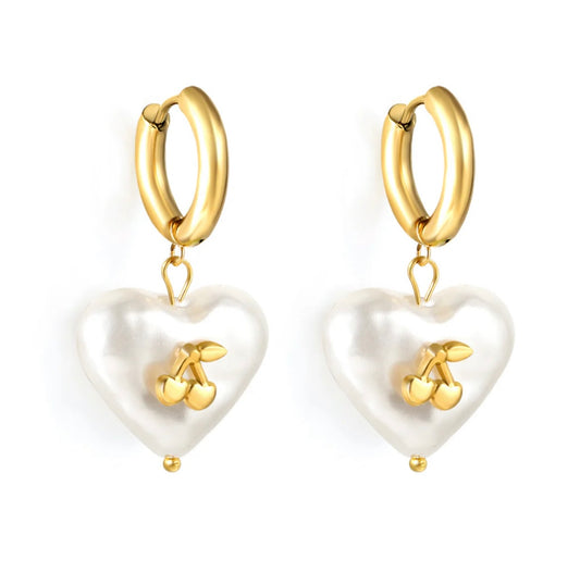 GOLD PEARL LOVE HEART CHERRY CHARM HOOP EARRINGS - 10MM - WATERPROOF