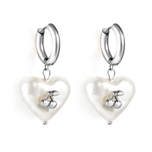 SILVER PEARL LOVE HEART CHERRY CHARM HOOP EARRINGS - 10MM - WATERPROOF