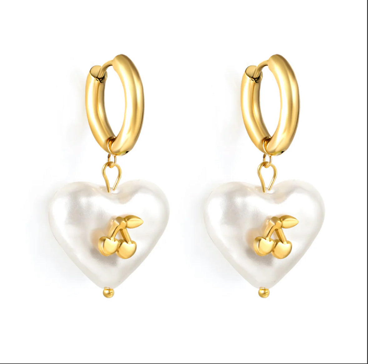 GOLD PEARL LOVE HEART CHERRY CHARM HOOP EARRINGS - 10MM - WATERPROOF