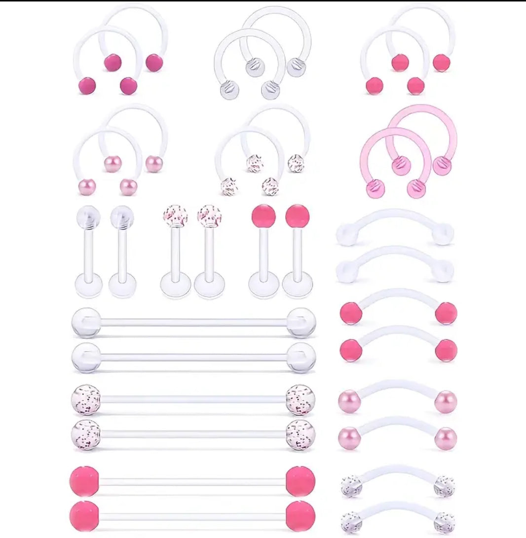 MULTI PACK OF 32 BIOFLEX RETAINER PIERCINGS, FOR INDUSTRIAL, LIP, NOSE & EAR