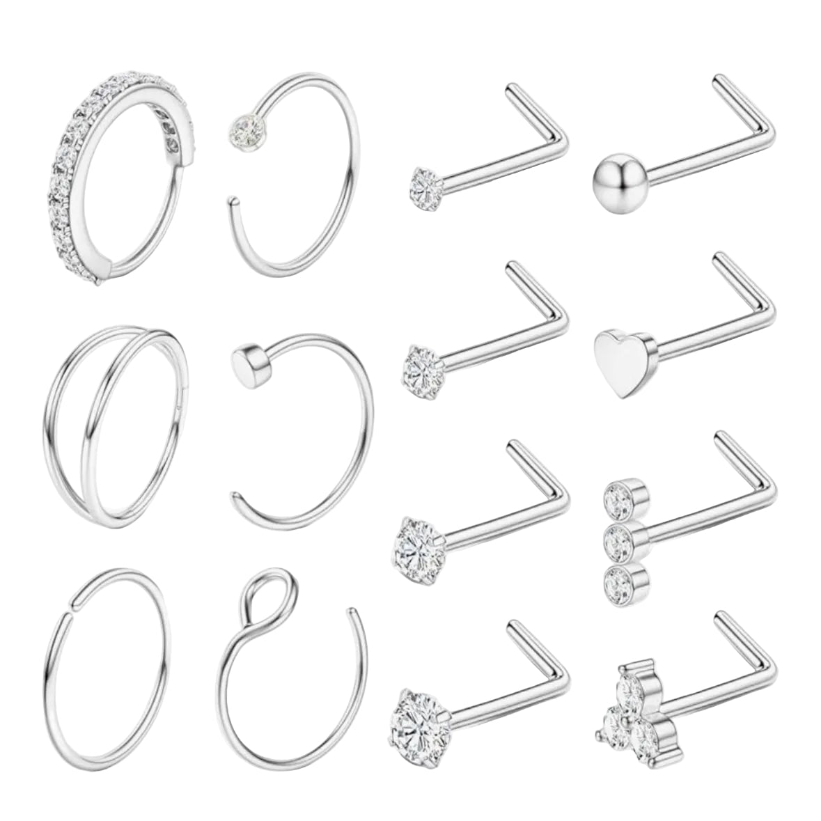 14 PIECE SILVER DOUBLE LOOP NOSE RING EDITION MULTI PACK - 20 GAUGE -8MM