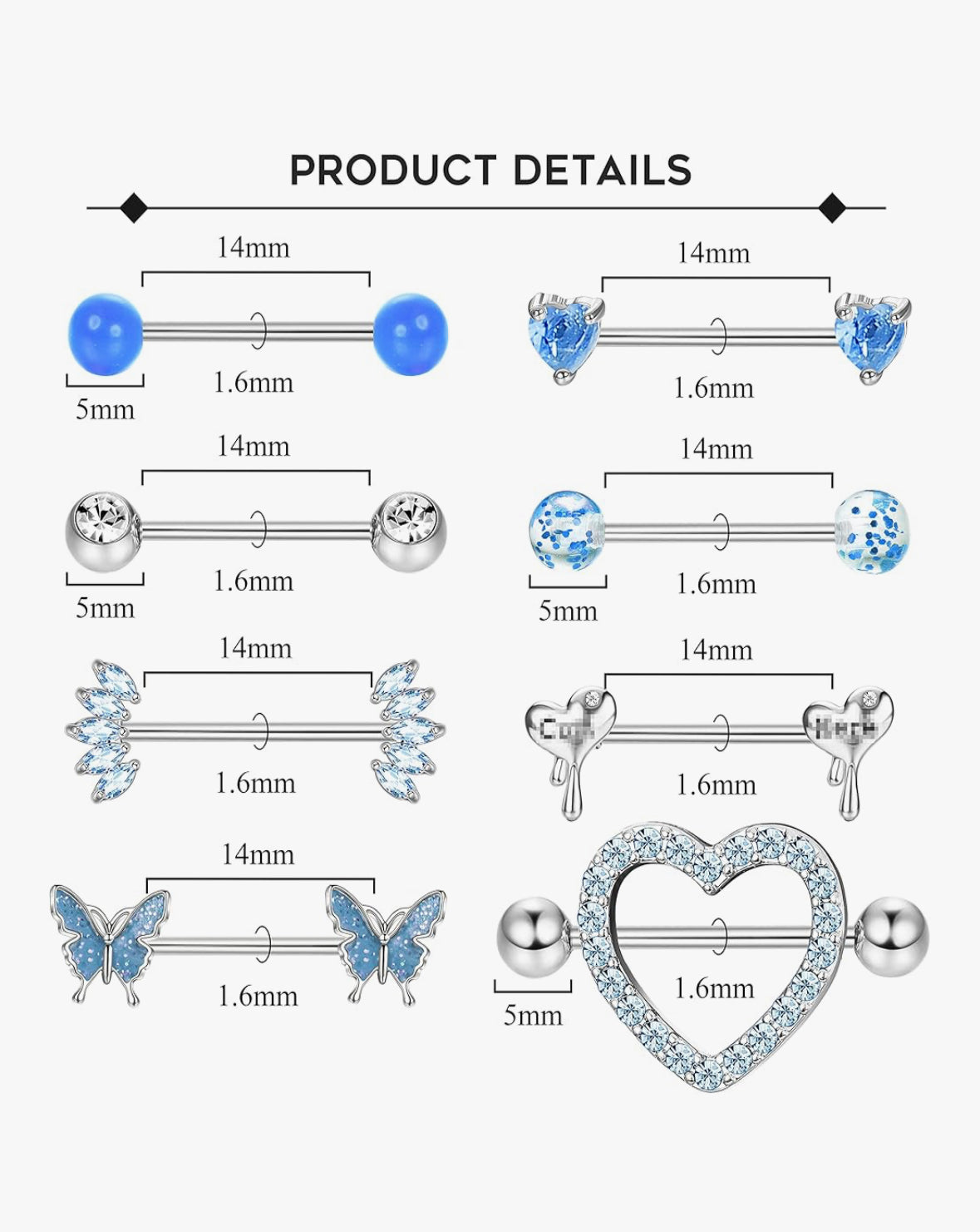 MULTIPACK 8 x PAIRS OF NIPPLE BARBELLS BLUE CRYSTALS