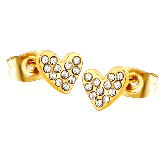 DAINTY GOLD CRYSTAL FILLED LOVE HEART STUD EARRINGS - WATERPROOF