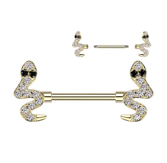 GOLD CRYSTAL SLIVERING SNAKE NIPPLE BAR - 14 GAUGE -14MM