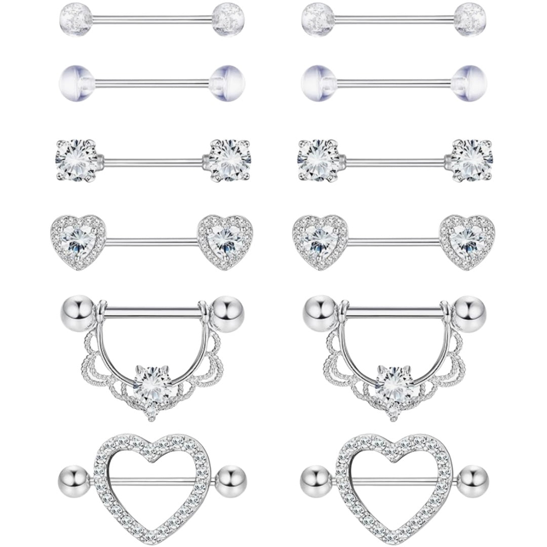 MULTIPACK 6 x PAIRS OF NIPPLE BARBELLS SILVER CRYSTALS