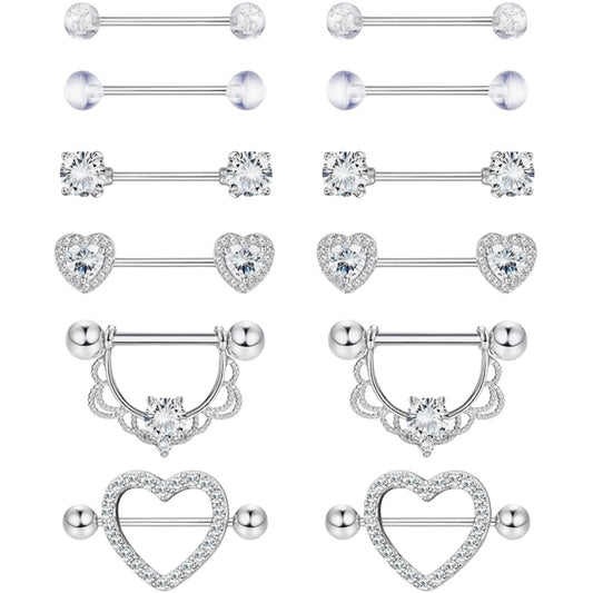 MULTIPACK 6 x PAIRS OF NIPPLE BARBELLS SILVER CRYSTALS