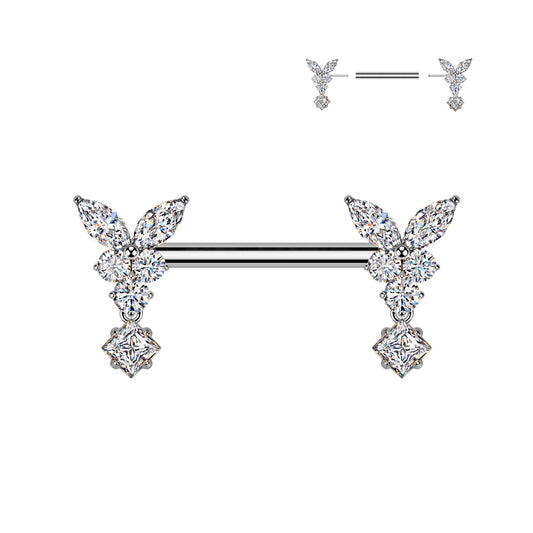 SILVER CRYSTAL BUTTERFLY CHARM THREADLESS NIPPLE BARBELL - 14MM