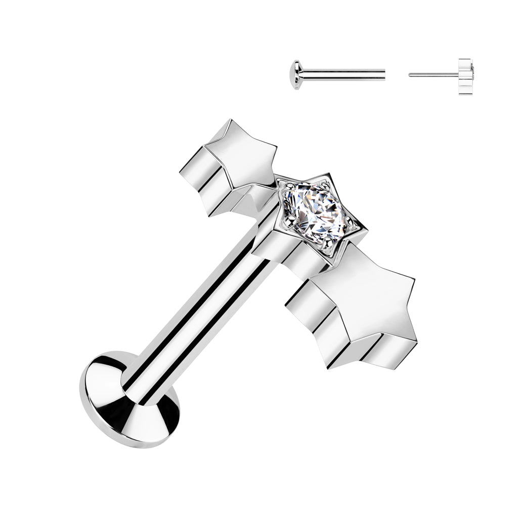 TRIPLE STAR LINED THREADLESS FLAT BACK LABRET - 16 GAUGE - 8MM