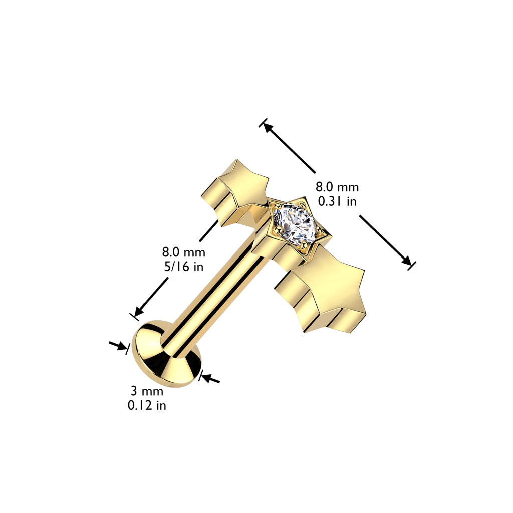 TRIPLE STAR LINED THREADLESS FLAT BACK LABRET - 16 GAUGE - 8MM