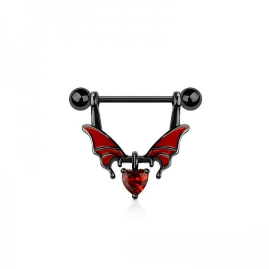 BLACK BAT WING WITH RED CRYSTAL HEART CHARM NIPPLE BAR - 14 GAUGE - 14MM