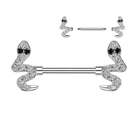 CRYSTAL SLIVERING SNAKE NIPPLE BAR - 14 GAUGE -14MM