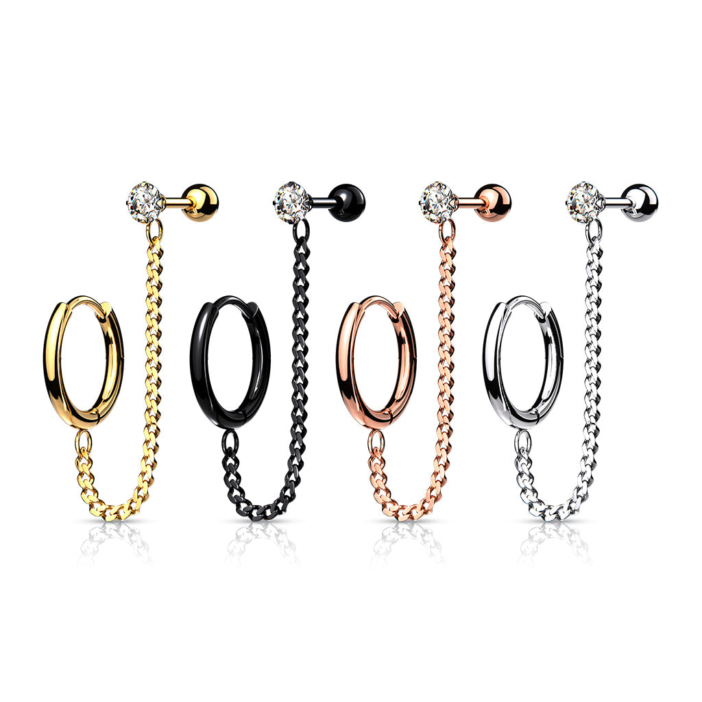 CLICKER HOOP & CRYSTAL 6MM BARBELL CHAIN LINKED CONNECTOR EARRING
