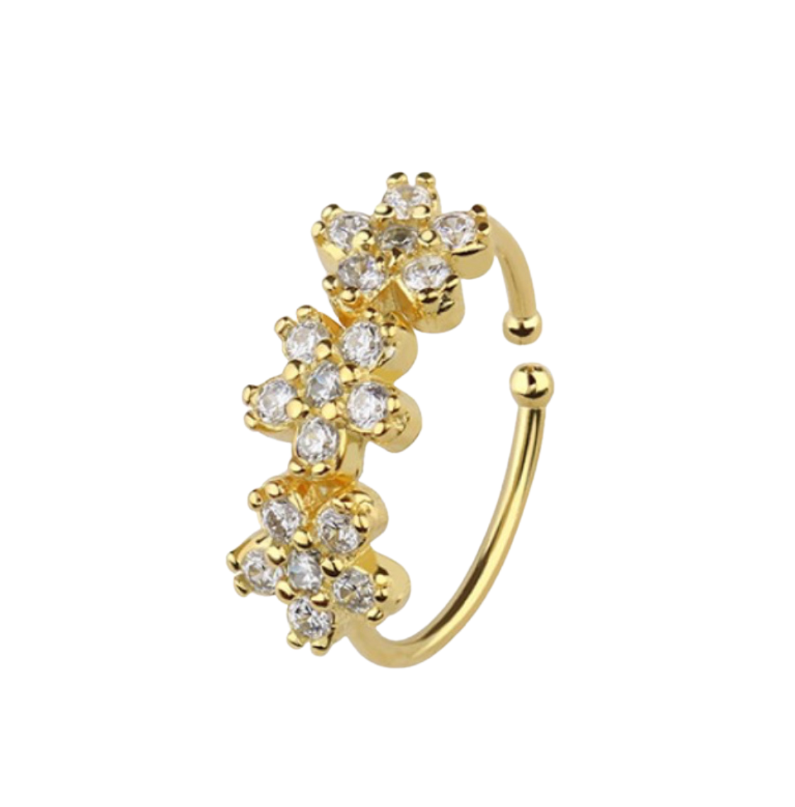 STERLING SILVER GOLD TRIPLE CRYSTAL FLOWER BENDABLE NOSE RING - 20 GAUGE - 8MM